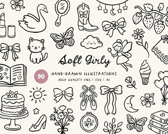 Girly Doodles Clip Art Bundle: Fairy, Coquette, Butterflies, Bows - SVG, PNG