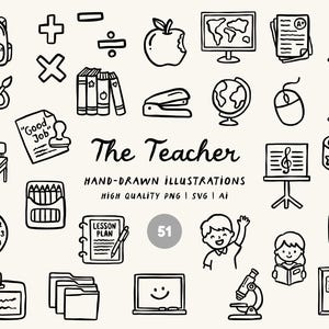 May include: Black and white hand-drawn illustrations of school-related items. Includes a backpack, apple, computer, globe, books, pencil, clock, and the text "The Teacher".
