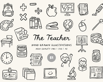 Teacher and Tutor, Classroom Education Doodle Icons Bundle, (SVG, PNG, AI)