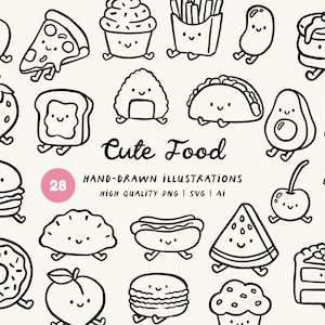 Op de afbeelding: Handgetekende zwart-wit illustraties van verschillende schattige voedselitems, waaronder een appel, pizzapunt, cupcake, friet, boon, pannenkoeken, aardbei, toast, onigiri en taco. De tekst "Cute Food" is weergegeven.