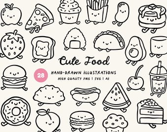 Food Kawaii Doodle Clipart Bundle: Hand Drawn Food Icons Illustrations (SVG, PNG)