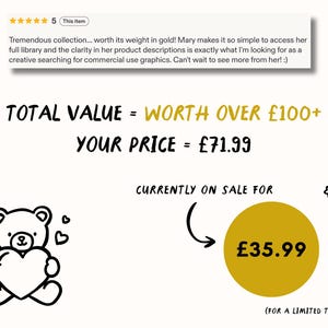 Peut inclure: Graphique num&eacute;rique avec un ours en peluche tenant un c&oelig;ur, une f&eacute;e et une illustration de soleil. Le texte comprend "TOTAL VALUE = WORTH OVER &pound;100+", "YOUR PRICE = &pound;71.99", et "CURRENTLY ON SALE FOR &pound;35.99". Un avis client est &eacute;galement inclus.