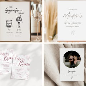 Peut inclure: Ensemble de papeterie &eacute;v&eacute;nementielle. Comprend un panneau encadr&eacute; avec "Our Signature Drinks" et des illustrations de boissons, un panneau de bienvenue pour une baby shower, des invitations et une carte de demande de demoiselle d'honneur.