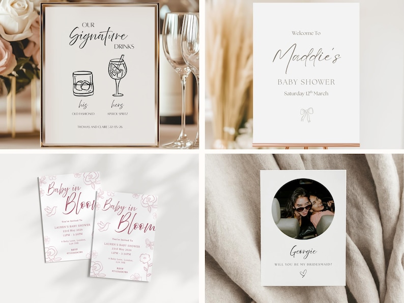Peut inclure: Ensemble de papeterie &eacute;v&eacute;nementielle. Comprend un panneau encadr&eacute; avec "Our Signature Drinks" et des illustrations de boissons, un panneau de bienvenue pour une baby shower, des invitations et une carte de demande de demoiselle d'honneur.