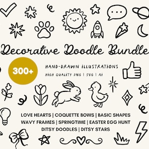 May include: A set of black and white doodle illustrations featuring various shapes and images, such as stars, hearts, and animals. The text "Decorative Doodle Bundle" is displayed above a gold circle with "300+".