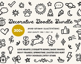 Doodle Clipart Illustration Bundle, Mega SVG, PNG Bundle, Commercial Use, Spring, Frames, Doodles