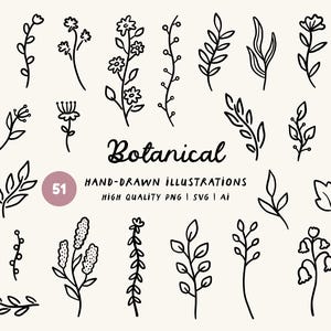 May include: A collection of hand-drawn botanical illustrations in black ink on a cream background. The image includes various floral and leaf designs, with the word "Botanical" and the number "51" visible.
