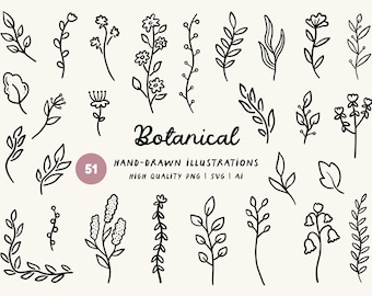 Botanical Line Art SVG Clipart: Hand-Drawn Flower, Leaf and Border Illustrations (Commercial Use)