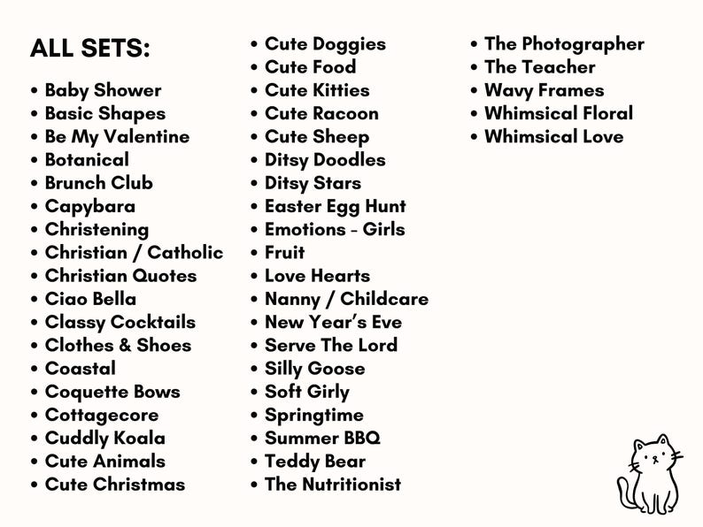 Peut inclure: Une liste d'ensembles th&eacute;matiques, tels que "Baby Shower", "Botanical", "Cute Animals" et "Whimsical Love", en noir. Une petite illustration de chat est dans le coin inf&eacute;rieur droit. Le fond est beige clair.