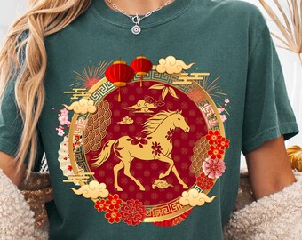 Koszulka unisex z nadrukiem "Koń z chińskiego Nowego Roku" z księżycowym znakiem zodiaku i grafiką "Comfort Colors"
