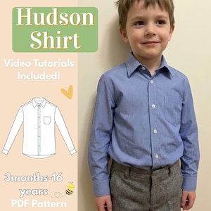 May include: A young boy wearing a blue striped button-down shirt with a pocket. The image includes a diagram of the shirt and text that reads "Hudson Shirt," "Video Tutorials Included!" and "3 months-16 years PDF Pattern."