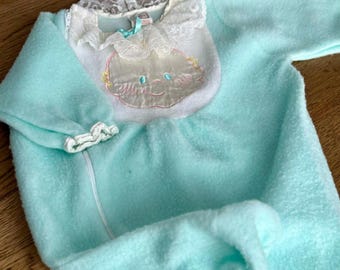 Vintage 1980 Chouchou Blue Fleece Baby Sleeper – Embroidered Baby Face Approx 0-3 Months