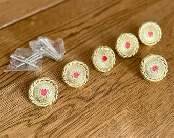 Vintage MCM Set of 6 Gold Red Cabinet Knob | Hardware Included 1980s