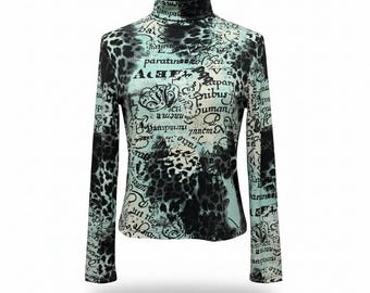 Y2K Fitted Turtleneck Top | Leopard Print Long Sleeve | Early 2000s Stretch Shirt