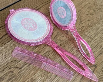 Vintage Pink Transparent Shabby Vanity Set | Mirror Brush Comb 1970s