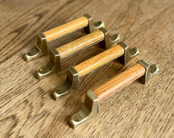 Vintage 1981 Set of 4 Amerock MCM Brass Plate Wood Drawer Pull