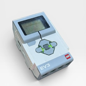 May include: A white and light gray LEGO EV3 programmable brick featuring a rectangular monochrome display screen, a central directional navigation button pad with green LED indicators, and the LEGO logo printed in red on the front face.