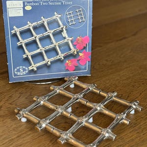 Vintage Silverplated Expandable Bamboo Trivet Ribbon Detail MCM