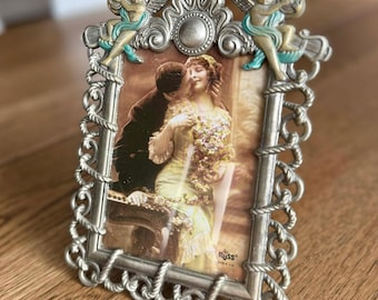 Vintage Russ Pewter-Tone Picture Frame with Enamel Cherub – 4" x 6" 1990
