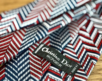 Christian Dior Vintage Chevron Tie – Navy Red White & Grey – 100% Polyester