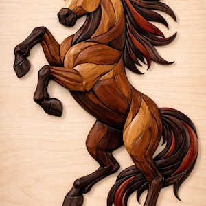 May include: A wooden sculpture of a rearing horse, crafted from various shades of brown wood. The mane and tail feature accents of red and dark brown. The horse is depicted in a dynamic pose, with its front legs raised.