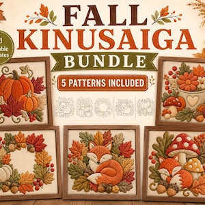 Pode incluir: Um pacote Fall Kinusaiga com cinco padrões imprimíveis. A imagem mostra cinco peças de arte em tecido emolduradas com temas de outono, incluindo abóboras, uma raposa, cogumelos e folhas, com o texto FALL KINUSAIGA BUNDLE 5 PATTERNS INCLUDED.
