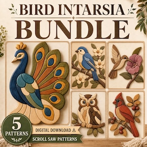 Bird Intarsia Pattern Bundle, 5 Scroll Saw Patterns, Hummingbird Owl Cardinal Peacock, SVG PNG PDF Woodworking Templates