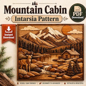 Mountain Cabin & Deer Wooden Intarsia Pattern | Intermediate to Advanced Wildlife Landscape | Digital Download