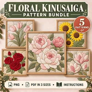 Könnte beinhalten: Ein digitales Set mit dem Titel Floral Kinusaiga Pattern Bundle, das fünf quadratische gerahmte Kunstwerke zeigt. Die Motive umfassen rosa Tulpen, gelbe Sonnenblumen, rote Rosen, rosa Pfingstrosen und rosa Magnolienblüten in Stoffoptik.