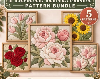 Kinusaiga Pattern Bundle, 5 Floral Fabric Art Templates, Sunflower Peony Tulip Magnolia Rose, Printable Digital Download