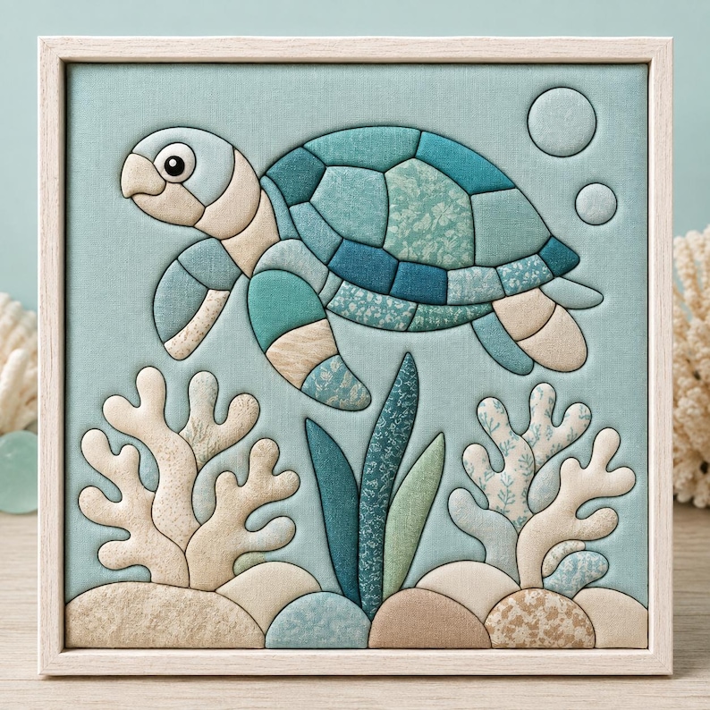 May include: A square framed fabric wall art piece featuring a sea turtle swimming above coral reefs and rocks. The turtle is composed of various shades of blue and teal patterned fabric patches. The background is a solid light blue fabric.