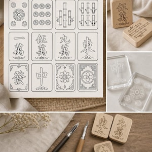 May include: A collection of Mahjong tiles and accessories. The image shows a variety of tiles with intricate black line drawings on a cream background. Some tiles are wooden, others are clear. Pens are also included.