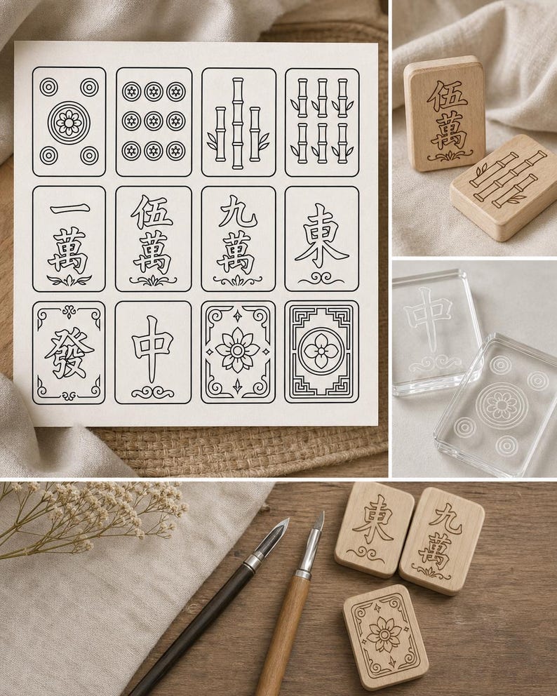 May include: A collection of Mahjong tiles and accessories. The image shows a variety of tiles with intricate black line drawings on a cream background. Some tiles are wooden, others are clear. Pens are also included.