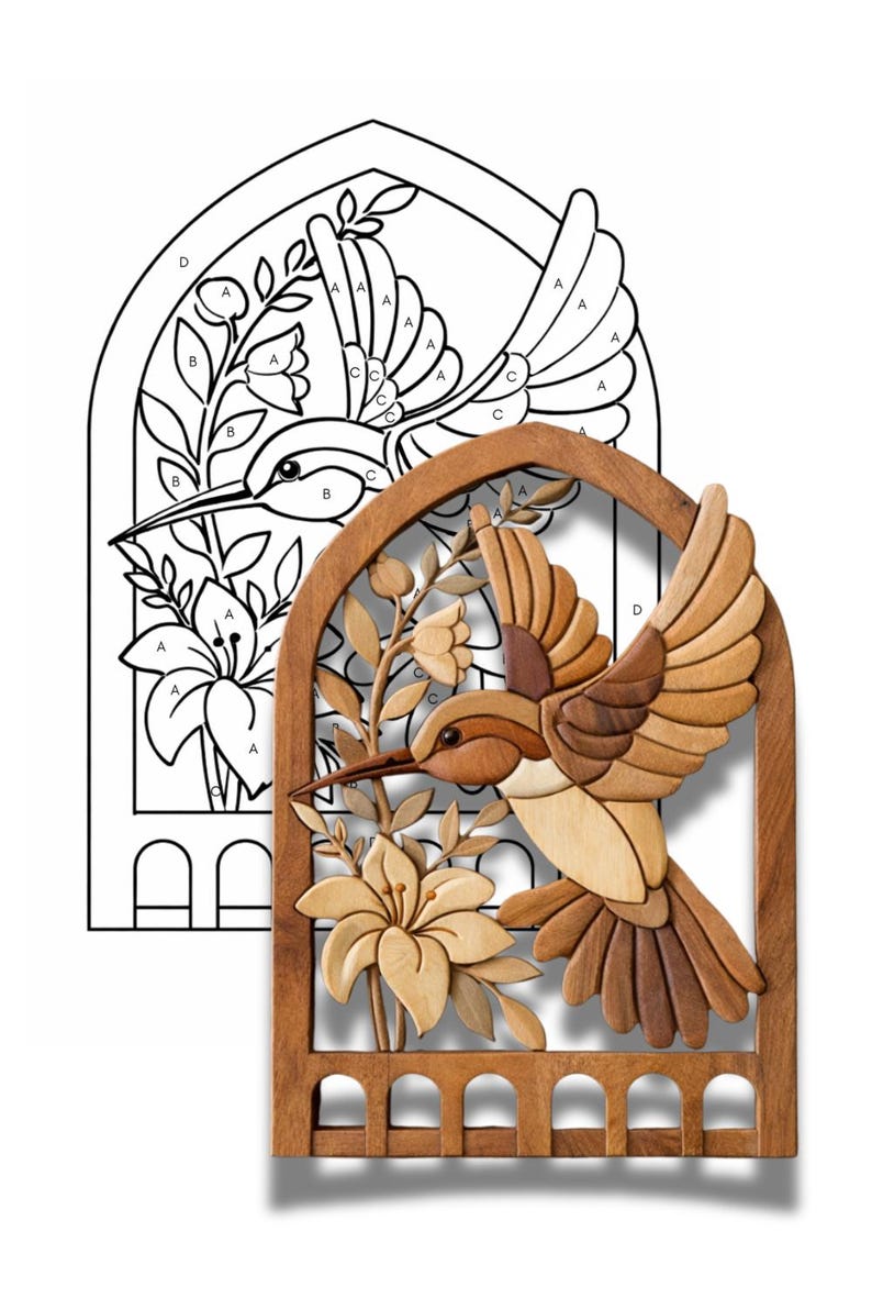 Hummingbird Intarsia Pattern | Beginner Scroll Saw Wood Inlay Wall Art ...