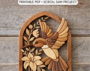 Hummingbird Intarsia Pattern | Beginner Scroll Saw Wood Inlay Wall Art (PDF)