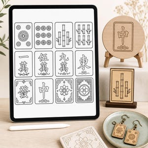 May include: A digital tablet displays a Mahjong tile layout. Wooden Mahjong-themed decor includes a round piece on a small easel, a rectangular piece on a stand, a coaster, and earrings. The pieces feature engraved designs of bamboo, flowers, and Chinese characters.
