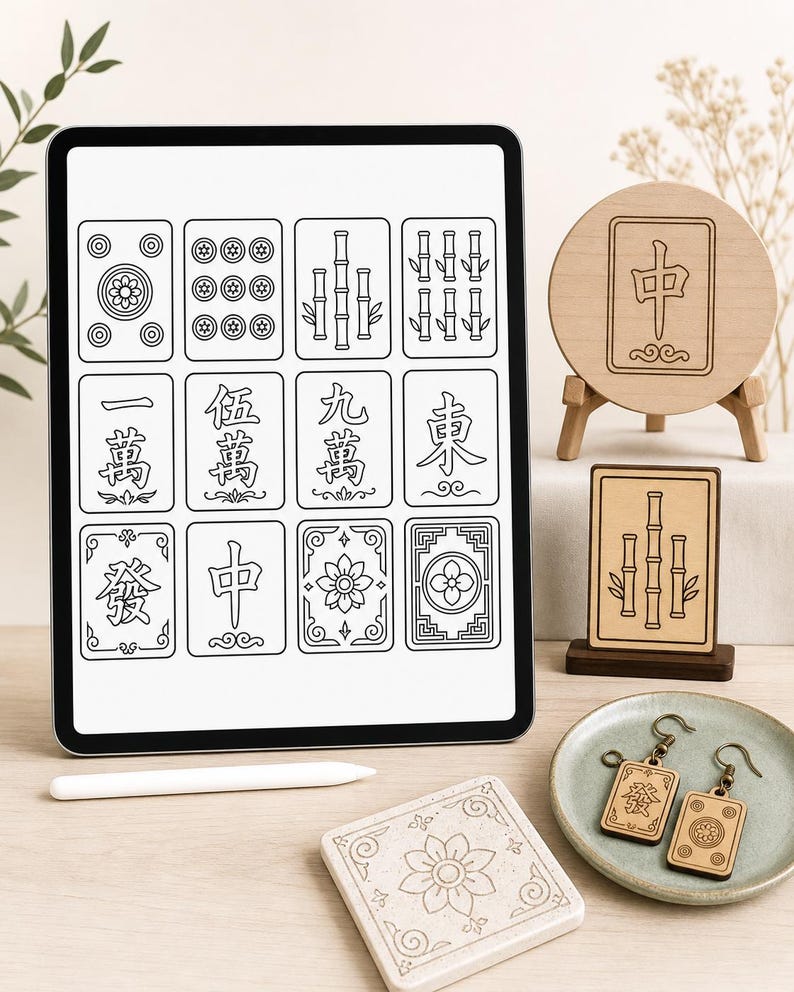 May include: A digital tablet displays a Mahjong tile layout. Wooden Mahjong-themed decor includes a round piece on a small easel, a rectangular piece on a stand, a coaster, and earrings. The pieces feature engraved designs of bamboo, flowers, and Chinese characters.
