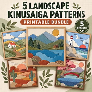 May include: A printable bundle of 5 landscape Kinusaiga patterns featuring five framed square images of a house in a field, a mountain lake, a lighthouse by the sea, a desert with cacti, and a garden with a red bridge and cherry blossoms.