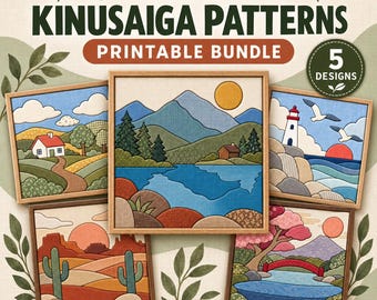 Landscape Kinusaiga Pattern Bundle, 5 Fabric Art Patterns, Printable PDF PNG, 8x8 10x10 12x12, Japanese Patchwork Craft