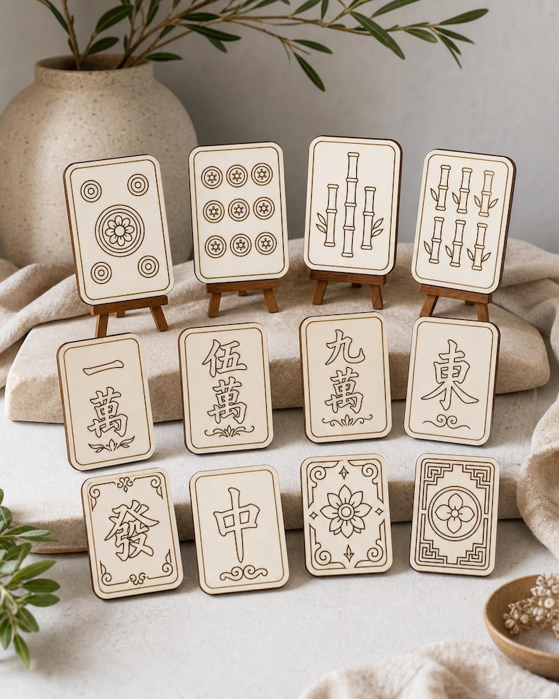 May include: A collection of wooden Mahjong tiles, each with unique symbols and designs, displayed on small wooden easels. The tiles feature various patterns, including circles, bamboo stalks, and Chinese characters, set against a light background.