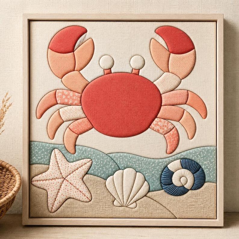 May include: A square framed wall art piece featuring a fabric-textured crab in shades of red and peach, positioned above a sandy beach scene with a fabric starfish, a white scallop shell, and a blue spiral seashell on a light beige background.