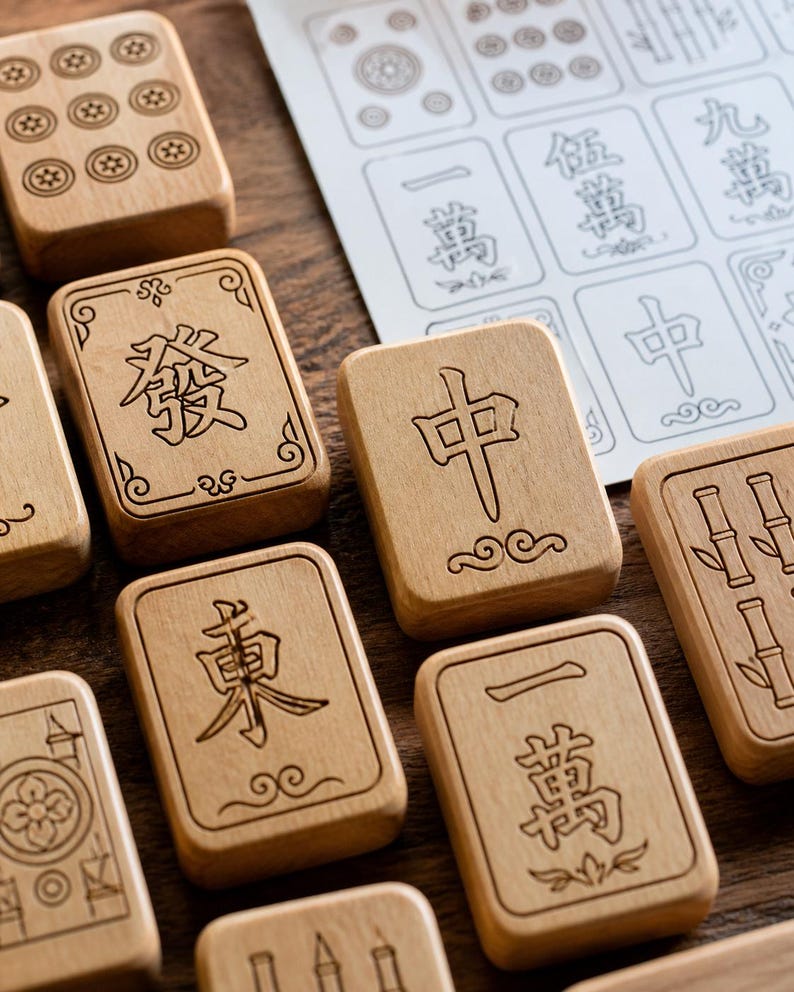 May include: Close-up of wooden Mahjong tiles with engraved Chinese characters and symbols. The tiles are light brown and feature various designs, including bamboo stalks, circles, and characters. A paper with printed Mahjong tile designs is in the background.