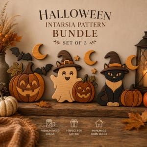 May include: A set of three wooden intarsia decorations featuring a jack-o'-lantern, a ghost wearing a witch hat, and a black cat wearing a witch hat. The text HALLOWEEN INTARSIA PATTERN BUNDLE SET OF 3 is displayed above the wooden figures.