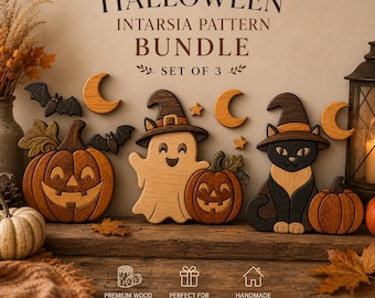 May include: A set of three wooden intarsia decorations featuring a jack-o'-lantern, a ghost wearing a witch hat, and a black cat wearing a witch hat. The text HALLOWEEN INTARSIA PATTERN BUNDLE SET OF 3 is displayed above the wooden figures.