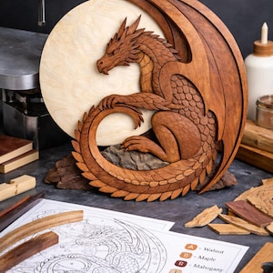 Może przedstawiać: Szczegółowa drewniana rzeźba smoka z rozłożonymi skrzydłami, umieszczona przed jasnym drewnianym okręgiem. Smok jest wyrzeźbiony z różnych odcieni brązowego drewna. Widoczny jest plan i próbki drewna.
