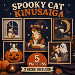 Peut inclure: Un ensemble de cinq tableaux en tissu encadrés représentant des chats sur le thème d'Halloween, incluant un chat avec un chapeau de sorcière, dans une citrouille et avec un fantôme. Le texte indique SPOOKY CAT KINUSAIGA, 5 PATTERNS, 3 SIZES INCLUDED.