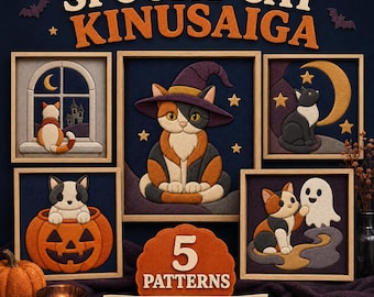 Spooky Cat Kinusaiga Pattern Bundle, 5 Halloween Cats, Printable Fabric Art Templates, 3 Sizes
