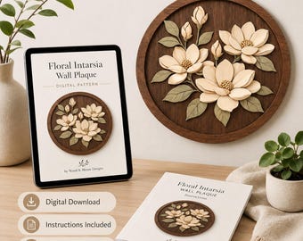 Magnolia Intarsia Pattern, 2-Layer Floral Wood Art Template, Scroll Saw Pattern, PNG PDF, Instructions Included