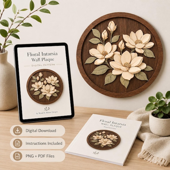 Magnolia Intarsia Pattern, 2-layer Floral Wood Art Template