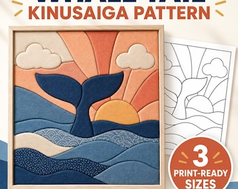 Whale Tail Kinusaiga Pattern PDF, Ocean Sunset Fabric Tucking Template, No Sew Textile Art, 3 Printable Sizes